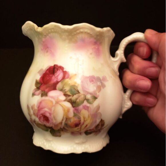 Leuchtenburg Germany Porcelain Cream Pitcher Jug Pink Roses Castle Mark Antique - Picture 9 of 12